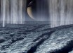This artist’s painting of the south polar region of Enceladus shows massive jets of water ice being blasted into space. Image credit: Karl Kofoed / NASA.