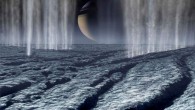 This artist’s painting of the south polar region of Enceladus shows massive jets of water ice being blasted into space. Image credit: Karl Kofoed / NASA.