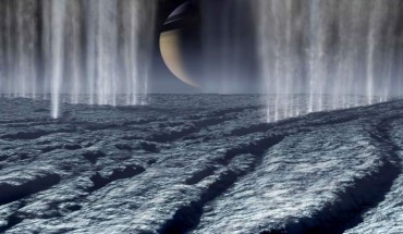 This artist’s painting of the south polar region of Enceladus shows massive jets of water ice being blasted into space. Image credit: Karl Kofoed / NASA.