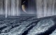 This artist’s painting of the south polar region of Enceladus shows massive jets of water ice being blasted into space. Image credit: Karl Kofoed / NASA.