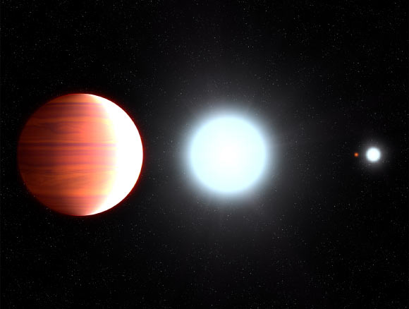 This illustration shows Kepler-13Ab that circles very close to its host star, Kepler-13A. In the background is the star’s binary companion, Kepler-13B, and the third member of the multiple-star system is the orange dwarf star Kepler-13C. Image credit: NASA / ESA / G. Bacon, STScI.