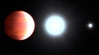 This illustration shows Kepler-13Ab that circles very close to its host star, Kepler-13A. In the background is the star’s binary companion, Kepler-13B, and the third member of the multiple-star system is the orange dwarf star Kepler-13C. Image credit: NASA / ESA / G. Bacon, STScI.