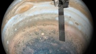 This illustration depicts Juno soaring over the south pole of Jupiter. Image credit: NASA / JPL-Caltech.