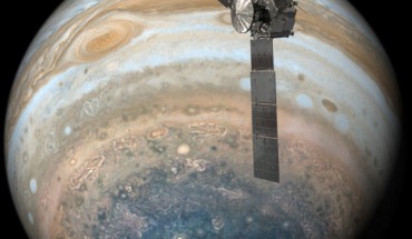 This illustration depicts Juno soaring over the south pole of Jupiter. Image credit: NASA / JPL-Caltech.