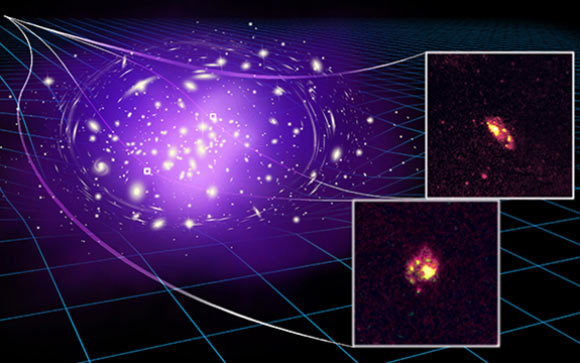 The spiral galaxy A1689B11 sits behind the massive galaxy cluster Abell 1689 that acts as a lens, producing two magnified images of the spiral galaxy in different positions in the sky. Image credit: James Josephides.
