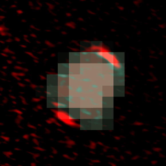 Color composite image of HATLAS J090045.4+004125 (also known as G09 83808): the blue channel represents data from the Sloan Digital Sky Survey and the red channel the data collected by the Atacama Large Millimeter/submillimeter Array. Image credit: Zavala et al, doi: 10.1038/s41550-017-0297-8.