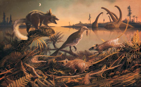 Artist’s impression of a lagoon at dusk with Durlstodon ensomi (left foreground), Durlstotherium newmani (right and center foreground) and the theropod Nuthetes holding a captured Durlstotherium newmani (center middle distance). Image credit: Mark Witton.