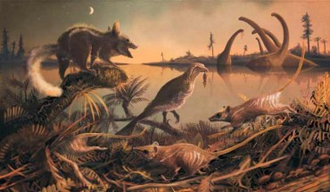 Artist’s impression of a lagoon at dusk with Durlstodon ensomi (left foreground), Durlstotherium newmani (right and center foreground) and the theropod Nuthetes holding a captured Durlstotherium newmani (center middle distance). Image credit: Mark Witton.