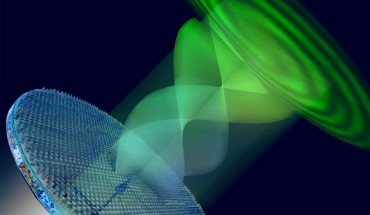 A metasurface uses circularly polarized light to generate and control new and complex states of light, such swirling vortices of light. Image credit: Second Bay Studio / Harvard John A. Paulson School of Engineering and Applied Sciences.