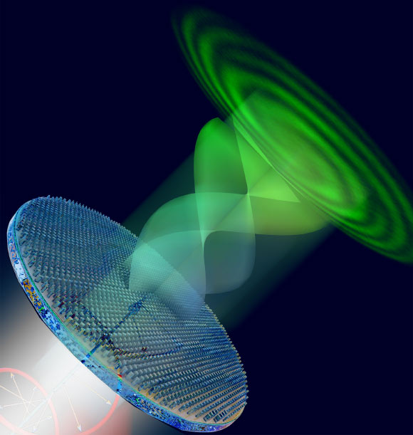 A metasurface uses circularly polarized light to generate and control new and complex states of light, such swirling vortices of light. Image credit: Second Bay Studio / Harvard John A. Paulson School of Engineering and Applied Sciences.