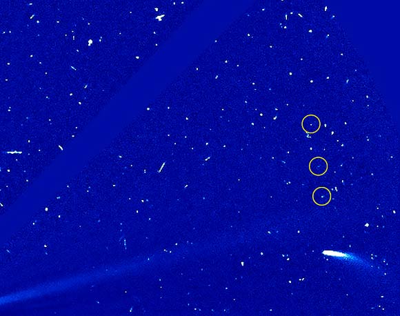 When Comet 96P/Machholz appeared in SOHO’s view in 2012, astronomers discovered two tiny comet fragments some distance ahead of the main body, signaling the comet was actively changing. This time around they have detected a third fragment -- another breadcrumb in the trail that indicates 96P/Machholz is still evolving. Image credit: ESA / NASA’s Goddard Space Flight Center / SOHO / Steele Hill.