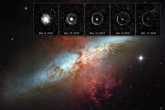 SN 2014J occurred at the upper right of Messier 82 and is marked by an ‘X.’ The inset images at top reveal an expanding shell of light from the stellar explosion sweeping through interstellar space, called a ‘light echo.’ The images were taken 10 months to nearly two years after the violent event – from November 6, 2014 to October 12, 2016. Image credit: NASA / ESA / Y. Yang, Texas A&M University & Weizmann Institute of Science.