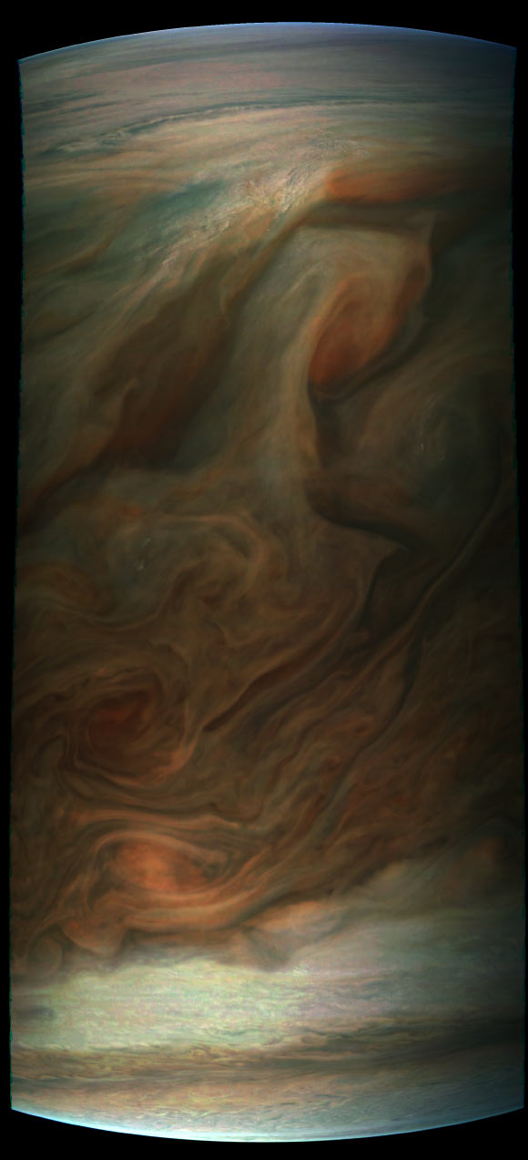 This image of Jupiter is reconstructed from the JunoCam data taken during Juno’s ninth flyby of the planet. The image is approximately illumination-adjusted, and enhanced by a gamma stretch to the 4th power of radiometric data. Image credit: NASA / JPL-Caltech / SwRI / MSSS / Gerald Eichstaedt.