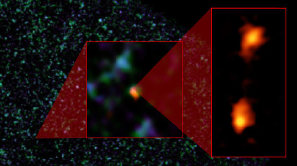 This composite image shows the ADFS-27 galaxy pair, which is located approximately 12.7 billion light-years from Earth in the direction of the Dorado constellation: the background image is from ESA’s Herschel Space Observatory; the object was then detected by ESO’s Atacama Pathfinder EXperiment telescope (middle image); ALMA (right) was able to identify two galaxies: ADFS-27N (for North) and ADFS-27S (for South). These so-called hyper-luminous starburst galaxies are exceedingly rare at this epoch of cosmic history -- near the time when galaxies first formed -- and may represent one of the most-extreme examples of violent star formation ever observed. Image credit: NRAO / AUI / NSF / B. Saxton / ESA Herschel / ESO APEX / ALMA / ESO / NAOJ / D. Riechers.