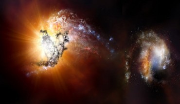Artist’s impression of two starburst (star-forming) galaxies beginning to merge in the early Universe. Image credit: NRAO / AUI / NSF.