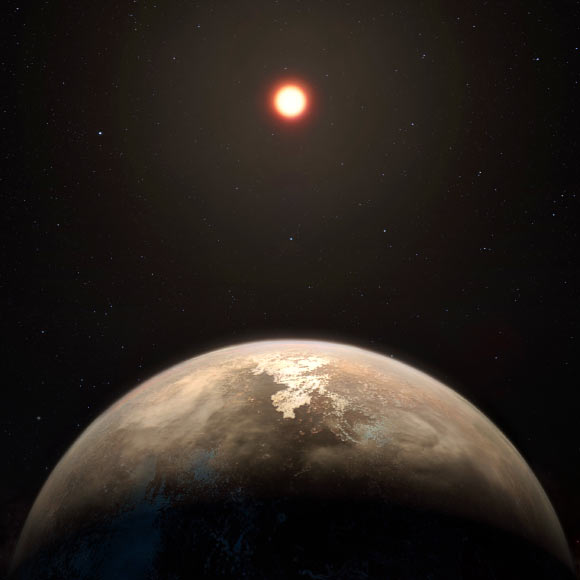 This artist’s impression shows Ross 128b, with its red dwarf parent star in the background. Image credit: M. Kornmesser / ESO.