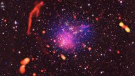 Composite image of the Abell 2744 region, with radio, X-Ray, and optical data combined. Image credit: Pearce et al / Bill Saxton / NRAO / AUI / NSF / Chandra / Subaru / ESO.