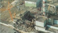 Chernobyl disaster aftermath: reactor 4 (center), turbine building (lower left) and reactor 3 (center right).