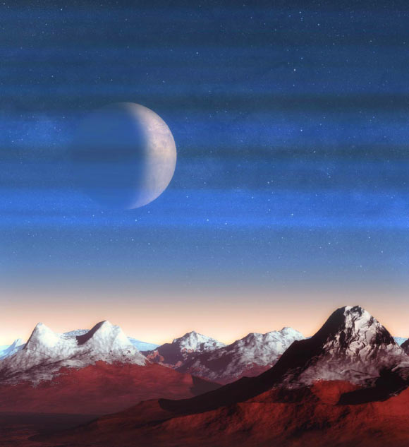 According to Zhang et al, Pluto’s atmosphere is unique among Solar System planetary atmospheres, as its equilibrium temperature is controlled primarily by solid-phase haze particles instead of gas molecules. This artist’s impression shows a view of the moon Charon through Pluto’s atmospheric haze layers above the mountain landscape of bedrock water ice covered partially with deposition of dark, reddish haze particles. Image credit: X. Liu.