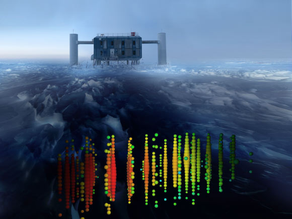 This image shows a visual representation of one of the highest-energy neutrino detections superimposed on a view of the IceCube Observatory at the South Pole. Image credit: IceCube Collaboration.