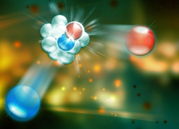 Proton is a subatomic particle found in the nucleus of every atom. This artist’s impression shows a proton and a neutron. Image credit: Joanna Griffin / Jefferson Lab / Penn State.