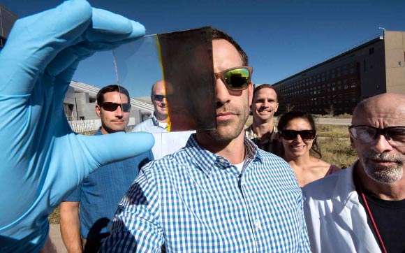 Dr. Wheeler (front) developed a switchable photovoltaic window along with (from left) Nathan Neale, Robert Tenent, Jeffrey Blackburn, Elisa Miller, and David Moore. Image credit: Dennis Schroeder, National Renewable Energy Laboratory.