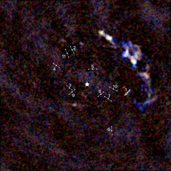 An ALMA image of the center of the Milky Way Galaxy showing the location of 11 young protostars within about 3 light-years of Sagittarius A*. The lines indicate the direction of the bipolar lobes created by high-velocity jets from the protostars. The illustrated star in the middle of the image indicates the location of Sagittarius A*. Image credit: ALMA / Yusef-Zadeh et al / B. Saxton / ESO / NAOJ / NRAO / AUI / NSF.