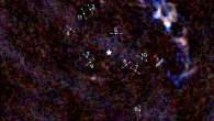 An ALMA image of the center of the Milky Way Galaxy showing the location of 11 young protostars within about 3 light-years of Sagittarius A*. The lines indicate the direction of the bipolar lobes created by high-velocity jets from the protostars. The illustrated star in the middle of the image indicates the location of Sagittarius A*. Image credit: ALMA / Yusef-Zadeh et al / B. Saxton / ESO / NAOJ / NRAO / AUI / NSF.