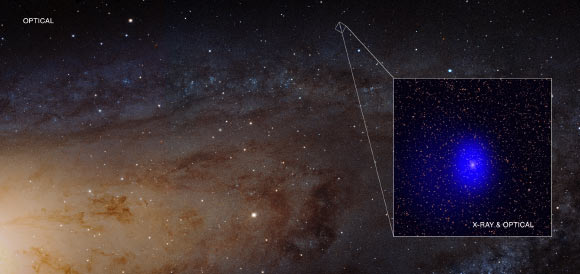 X-ray source LGGS J004527.30+413254.3. Image credit: NASA / CXC / University of Washington / T. Dorn-Wallenstein et al / ESA / J. Dalcanton et al / R. Gendler.