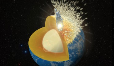 Marchi et al modeled the protracted period of bombardment after the Moon formed, determining that impactor metals may have descended into Earth’s core. This artistic rendering illustrates a large impactor crashing into the young Earth. Light brown and gray particles indicate the projectile’s mantle (silicate) and core (metal) material, respectively. Image credit: Southwest Research Institute.