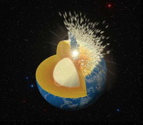 Marchi et al modeled the protracted period of bombardment after the Moon formed, determining that impactor metals may have descended into Earth’s core. This artistic rendering illustrates a large impactor crashing into the young Earth. Light brown and gray particles indicate the projectile’s mantle (silicate) and core (metal) material, respectively. Image credit: Southwest Research Institute.
