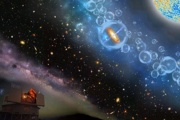 Artist’s conception of the most-distant supermassive black hole ever discovered, which is part of ULAS J134208.10+092838.61, a quasar from just 690 million years after the Big Bang. It is surrounded by neutral hydrogen, indicating that it is from the period called the Epoch of Reionization, when the Universe’s first light sources turned on. Image credit: Robin Dienel / Carnegie Institution for Science.