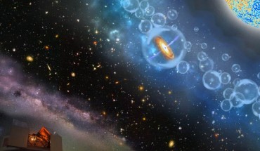 Artist’s conception of the most-distant supermassive black hole ever discovered, which is part of ULAS J134208.10+092838.61, a quasar from just 690 million years after the Big Bang. It is surrounded by neutral hydrogen, indicating that it is from the period called the Epoch of Reionization, when the Universe’s first light sources turned on. Image credit: Robin Dienel / Carnegie Institution for Science.