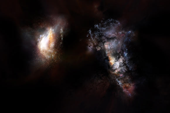 Artist’s impression of a pair of galaxies from the early Universe. Image credit: NRAO / AUI / NSF / D. Berry.