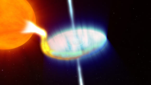 In V404 Cygni, a star slightly smaller than the Sun orbits a black hole 10 times its mass in only 6.5 days. The close orbit and strong gravity of the black hole produce tidal forces that pull a stream of gas from its partner. The gas travels to a storage disk around the black hole and heats up to millions of degrees, producing a steady stream of X-rays as it falls inward. Image credit: NASA / Goddard Space Flight Center / Conceptual Image Lab.