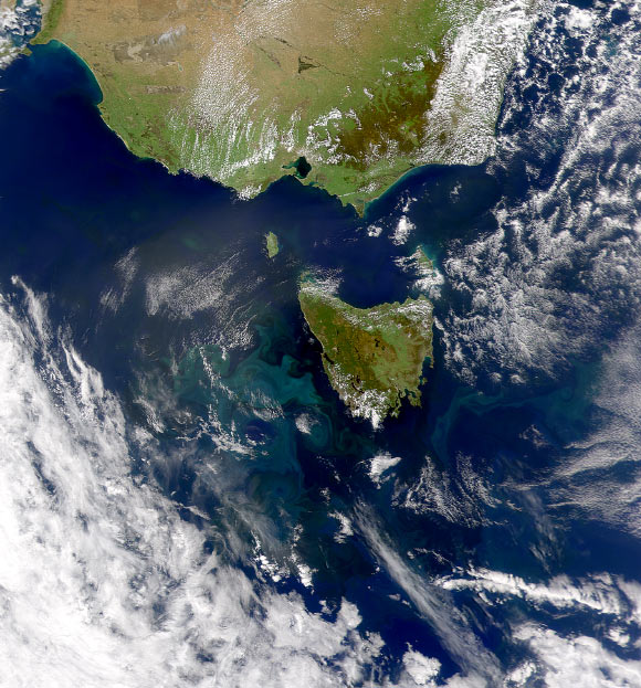 NASA’s SeaWiFS satellite photographed this eddy field in the waters around Tasmania in November 2000. Image credit: NASA.