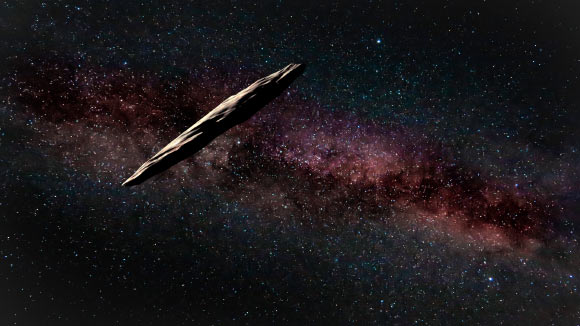 This artist’s impression shows ‘Oumuamua. Image credit: Joy Pollard / Gemini Observatory / AURA / NSF.
