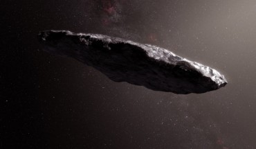 This artist’s impression shows the first interstellar asteroid ‘Oumuamua. Image credit: M. Kornmesser / ESO.