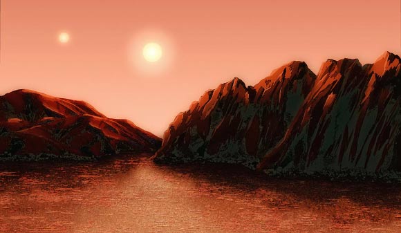 This artist’s conception shows a hypothetical rocky exoplanet in the Alpha Centauri system. Image credit: Michael S. Helfenbein.