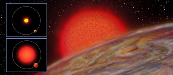 The gas giant K2-132b expands as its host star evolves into a red giant. The energy from the host star is transferred from the planet’s surface to its deep interior, causing turbulence and deep mixing in the planetary atmosphere. The planet orbits its star every 9 days and is located about 2,000 light years away from us in the constellation Virgo. Upper left: schematic of the K2-132 system on the main sequence. Lower left: schematic of the K2-132 system now. The host star has become redder and larger, irradiating the planet more and thus causing it to expand. Image credit: Karen Teramura, University of Hawaii Institute for Astronomy.