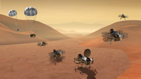 Dragonfly is a dual-quadcopter lander that would take advantage of the environment on Saturn’s hazy moon Titan to fly to multiple locations, some hundreds of miles apart, to sample materials and determine surface composition to investigate Titan’s organic chemistry and habitability, monitor atmospheric and surface conditions, image landforms to investigate geological processes, and perform seismic studies. Image credit: NASA.