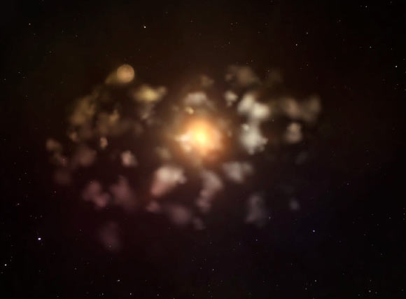 This illustration shows a ‘disrupted planet’ broken up into a cloud of gas and dust as it orbits RZ Piscium. Image credit: NASA.