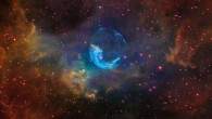 This image shows an enormous, balloon-like bubble (center) being blown into space by a super-hot, massive Wolf-Rayet star. Image credit: NASA / ESA / F. Summers, G. Bacon, Z. Levay, and L. Frattare (Viz 3D Team, STScI).