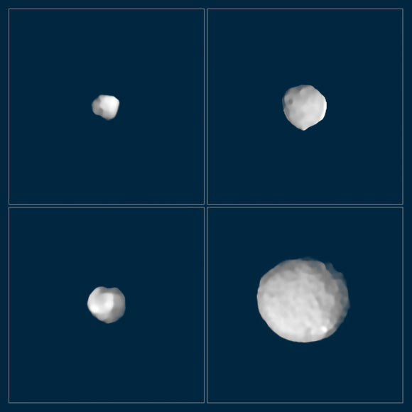 Main-belt asteroids (clockwise from top left) 29 Amphitrite, 324 Bamberga, 2 Pallas, and 89 Julia. Image credit: Vernazza et al / ESO.