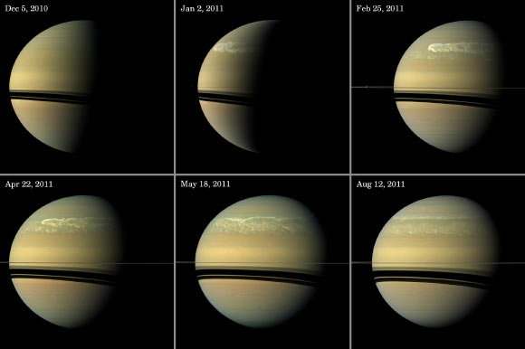 This series of images from NASA’s Cassini spacecraft tracks the development of a giant storm whirling over Saturn’s mid-northern latitudes in December 2010, as seen at visible wavelengths during much of 2011. The earliest image of the storm, taken December 5, 2010, is in the top left of the panel. The storm appears only as a small, white cloud on the terminator between the day side and night side of the planet. The next view, in the top middle of the panel and taken January 2, 2011, shows that the head quickly grew much larger and a tail began to trail a great distance eastward. Some of the clouds moved south and got caught up in a current that flows to the east (to the right) relative to the storm head. In the top right of the panel, this tail, which appears as slightly blue clouds south and now west (left) of the storm head, can be seen encountering the storm in the February 25 image. The April 22 image, in the bottom left of the panel, is one of Cassini’s last views of the storm when it still had a recognizable head. In this view, the tail is south of the head and is well established by this time. The May 18 view, in the bottom middle, shows only the storm’s tail. The head still existed at this time, but it is beyond the horizon and out of the field of view here. Between the time of the May 18 image and the next image shown here (from August 12), the head of the storm was engulfed by the part of the storm’s tail that spread eastward at the same latitude as the head. The August 12 image, in the bottom right, shows that the head has lost its distinct identity and is now just part of the jumble of the storm. Also visible in these images are several of Saturn’s moons and the shadows cast onto the planet by moons. For example, the planet’s second largest moon, Rhea, can be seen in the February 25 view. The February 25 and August 12 views are true color. Images taken using red, green and blue spectral filters were combined to create these natural-color views. The December 5, January 2, April 22 and May 18 views are nearly true color. Because a visible red light image was not available, an image taken using a spectral filter sensitive to wavelengths of near-infrared light centered at 752 nm was used in place of red. So the color is close to natural color, but it is not exact. These views were acquired at distances ranges from approximately 1.4 million miles (2.2 million km) to 1.9 million miles (3.0 million km) from Saturn and at Sun-Saturn-spacecraft, or phase, angles of 41 degrees to 99 degrees. All the views are set to a scale of 101 miles (162 km) per pixel. Image credit: NASA / JPL-Caltech / Space Science Institute.
