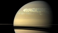 Saturn’s Great Northern Storm churning through the atmosphere in the planet’s northern hemisphere overtakes itself as it encircles the planet in this true-color view from NASA’s Cassini spacecraft. This picture, captured on February 25, 2011, was taken about 12 weeks after the storm began, and the clouds by this time had formed a tail that wrapped around the gas giant. Image credit: NASA / JPL-Caltech / Space Science Institute.