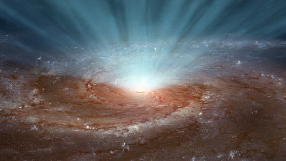 Supermassive black holes at the cores of galaxies blast radiation and ultra-fast winds outward, as illustrated in this artist’s conception. Image credit: NASA / JPL-Caltech.