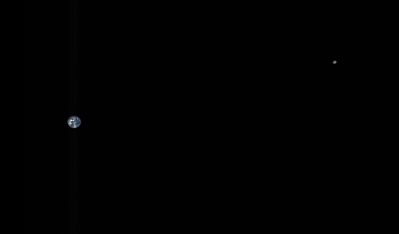 This color composite image of the Earth and Moon is made from data captured by OSIRIS-REx’s MapCam instrument on October 2, 2017, when the spacecraft was approximately 3,180,000 miles (5,120,000 km) from Earth. Image credit: NASA/ Goddard / OSIRIS-REx Team / University of Arizona.