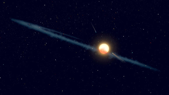 This illustration depicts a hypothetical uneven ring of dust orbiting KIC 8462852. Image credit: NASA / JPL-Caltech.