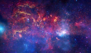 This composite image shows the central region of our Milky Way Galaxy. The Galactic center is located within the bright white region to the right of and just below the middle of the image. Image credit: NASA / ESA / SSC / CXC / STScI.